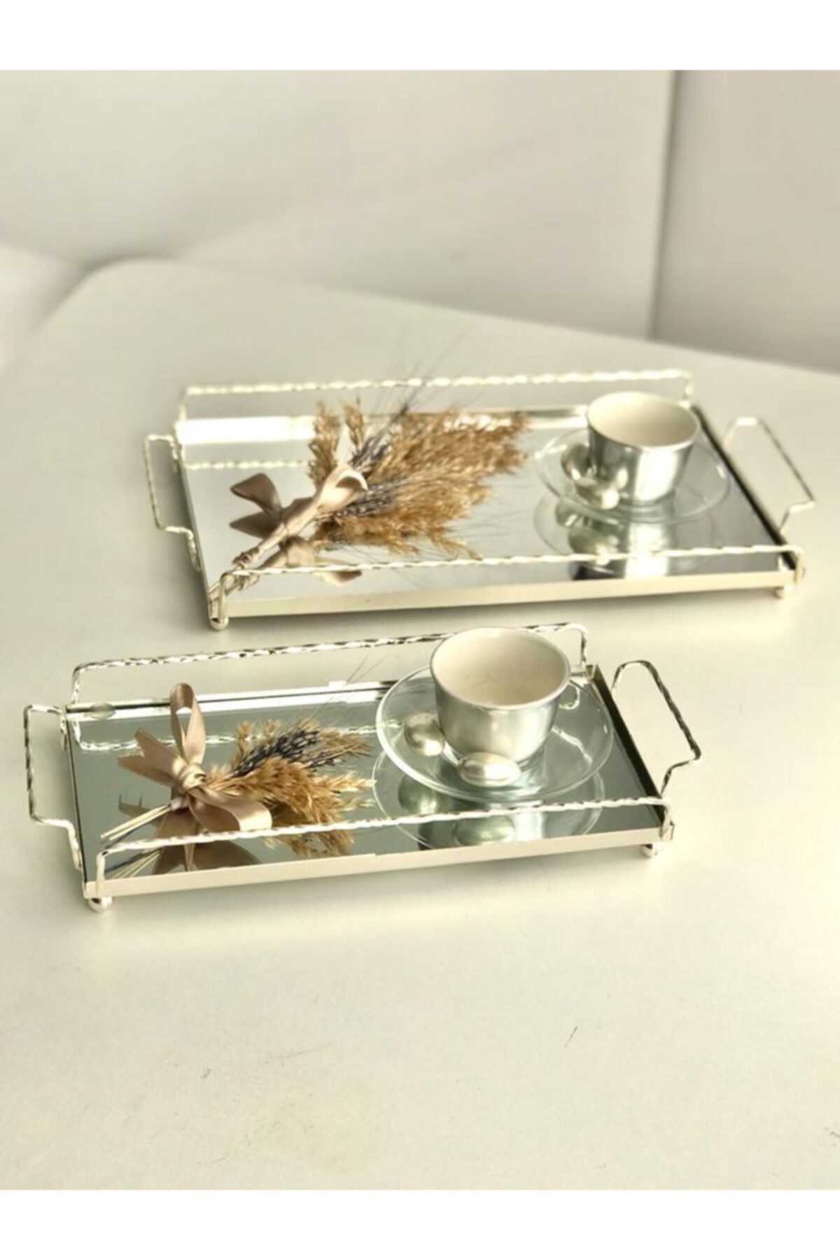 Silver Mirrored Tray Set - Serving and Serving Tray - Channel Auger Square Handle Silver 2 Pieces