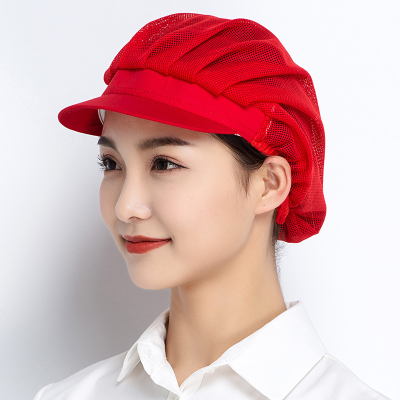 Pustende netting arbeidslue dame herre hårtildekket hatt verkstedhatt serveringshatt bakehatt kjøkken matlaging visirhatt med brem: Rød