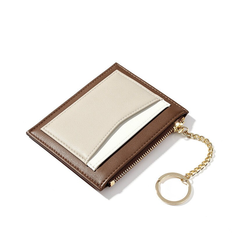 TAOMICMIC Retro Stitching Ladies Wallet Multi-card Position Zipper Card Case Key Chain Small Wallet Lady Coin Purse: Brown