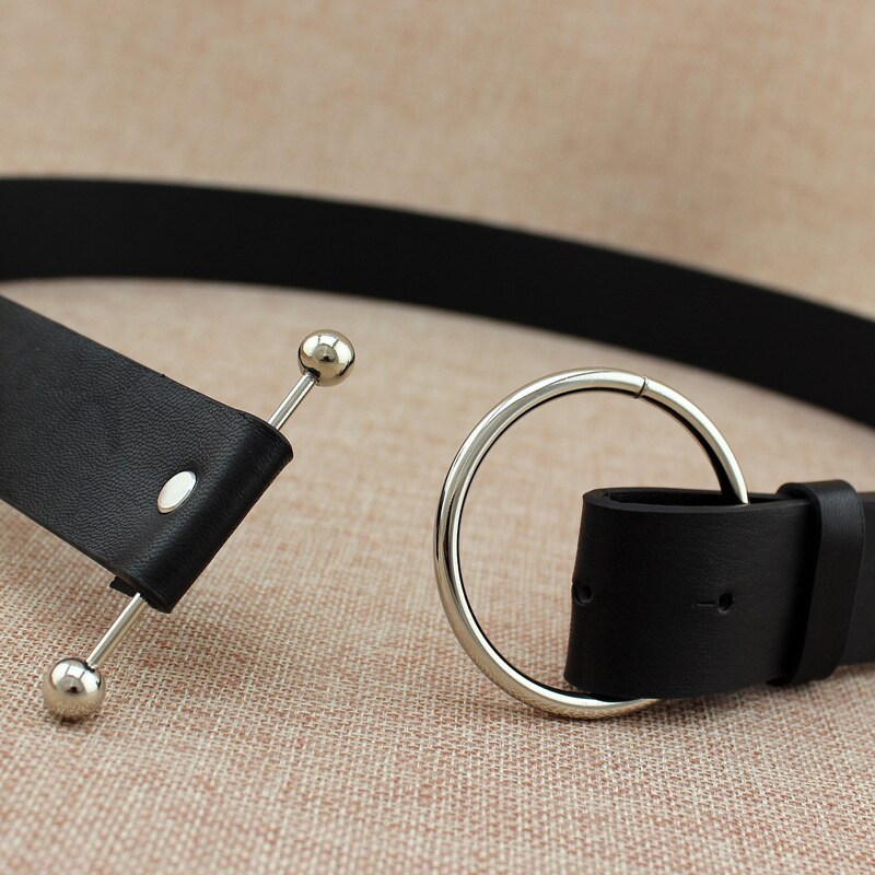 Newest Silver Round buckle belts woman women's belts without pin metal buckle black leather strap belt dames riemen