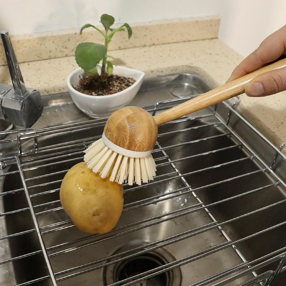 Cepillo de limpieza de madera, sartén con mango largo, cepillo para lavar platos, cuencos, cepillos de limpieza, accesorios de Herramientas de limpieza de cocina para el hogar