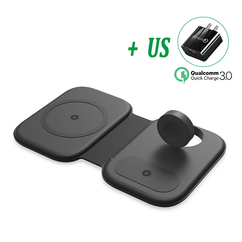 Cargador inalámbrico magnético plegable 3 en 1, cargador rápido Qi de 30W para iPhone 13, 11, 12, X Max, Apple Watch 7, 6, AirPods: Black with US plug