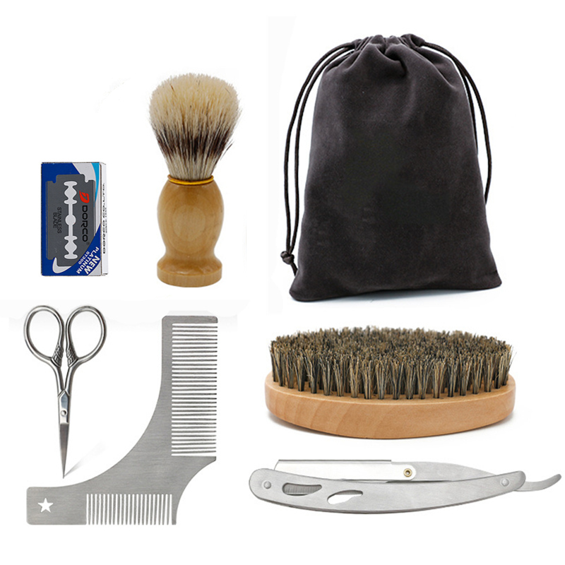 Beard Grooming Kit 5pcs Trimming Shaving brush Comb Beard Set Mustache Scissors Straight Razor Shaping Shave Brush Tools: HT001G
