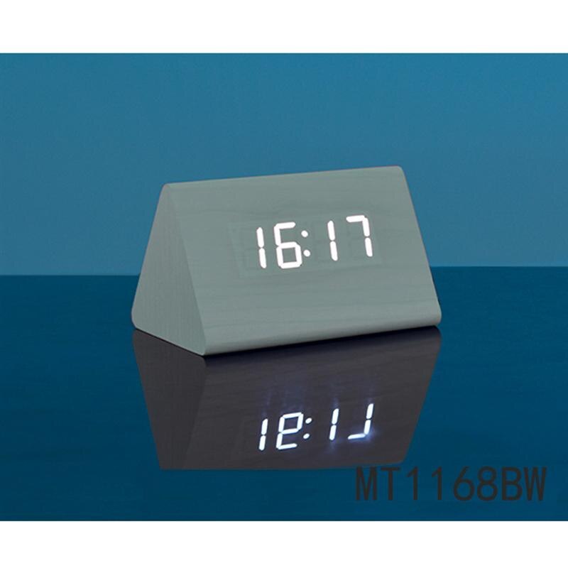 Moderne trekantet led træ vækkeur klassisk digital lydkontrol skrivebord ur termometer (sort træ og hvidt lys)