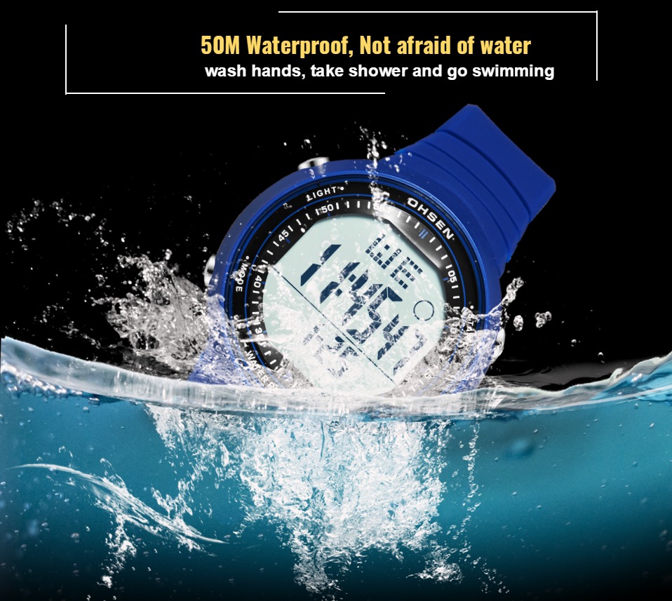 Ohsen Digitale Lcd Sport Mannen Polshorloge Relogio Masculino 50M Waterdicht Alarm Datum Rubber Mode Witte Outdoor Sport Horloge Cadeau