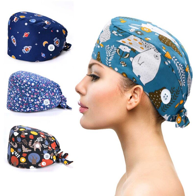 Scrub Cap Pattern Nursing Work Hat Veterinarian Women Men 100% Cotton Tie Back Washable Beautician Chef Skull Cap