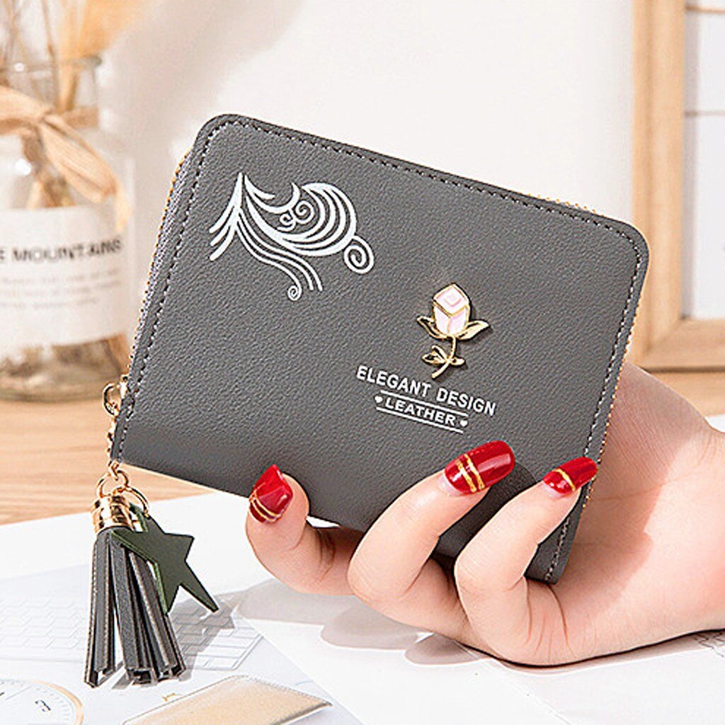 Women’ s Short Solid Color Flower Fringed Leather Wallet Female Simple Travel Outdoor credit card holder purse Mini Cluth Bag: Dark Grey