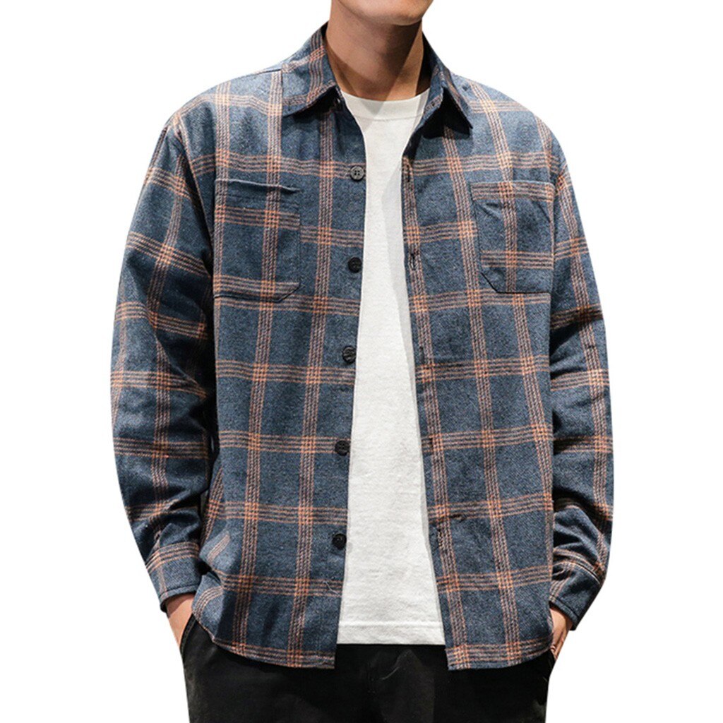 Herr rutiga skjortor i stil man blå brun rutiga långärmade skjortor herr oversized topp skjorta plus size bekväma: Blå / M