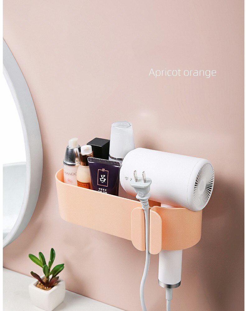 Vægmonteret holder til hårtørrerholder, intet borestylingsværktøj multi-organisator opbevaringskurv til badeværelse: Abrikos orange