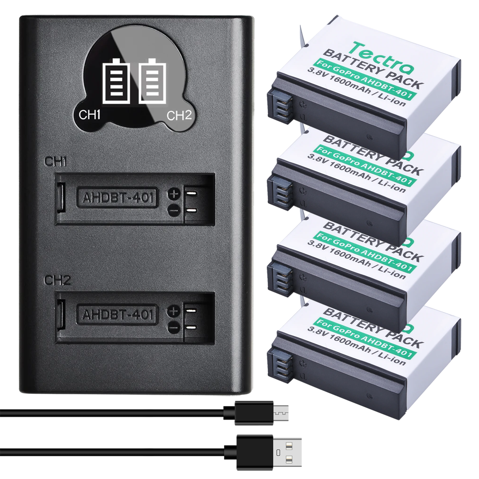 Batería de iones de litio AHDBT-401 Hero 4, cargador LED tipo C para Gopro HERO 4 negro/HERO 4 plateado: Otros