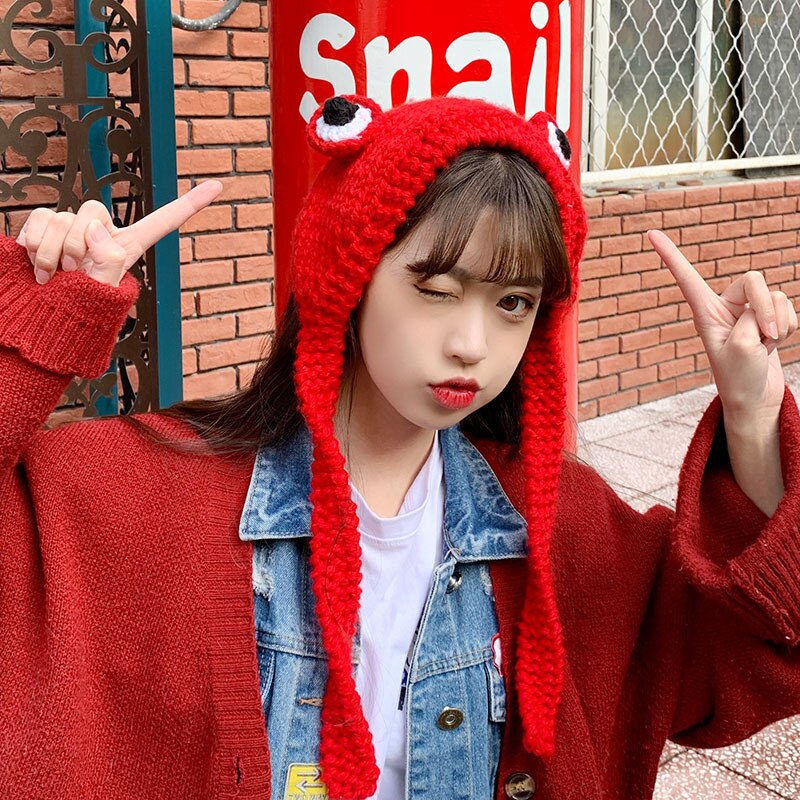 Gorro de punto de ganchillo para mujer, gorro bonito de rana, disfraz, de Hip-hop, accesorios de fotografía para de invierno: red