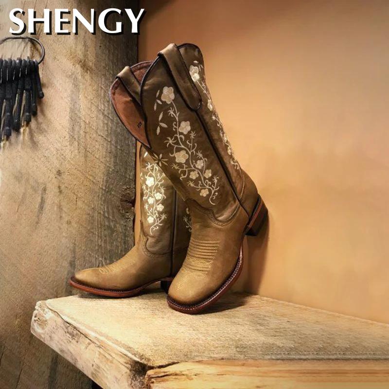 Nouvelle femmes bottes fleurs brodées Western bottes Cowgirl bottines femmes genou haute équitation Vintage bottes de plein air
