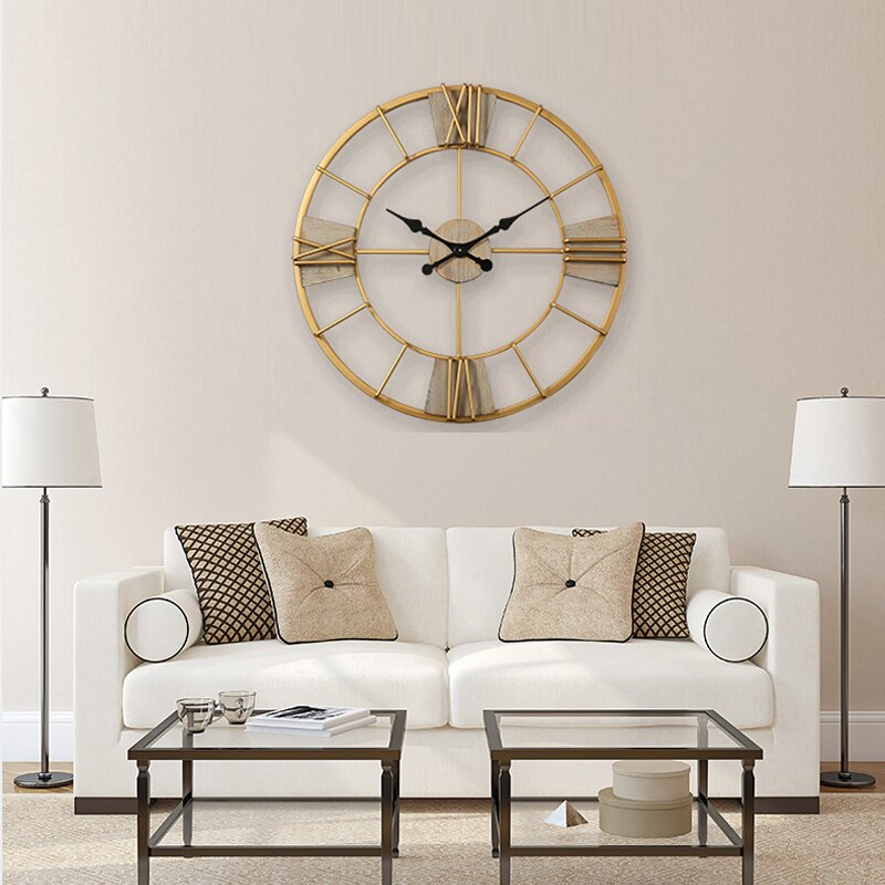 Nordic Metal Roman Numeral Wall Clocks Retro Iron Art Gold Large Hanging Ornament Home Decoration Wall Clock 40cm