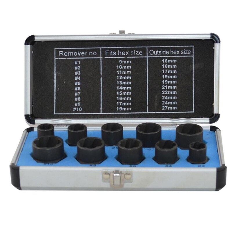 10pcs 9-19mm Bolt Removal Kit Low Cased Damaged Bolts Nuts Screws Remover Extractor Removal Tools Set Threading Tool Kit Broken: High