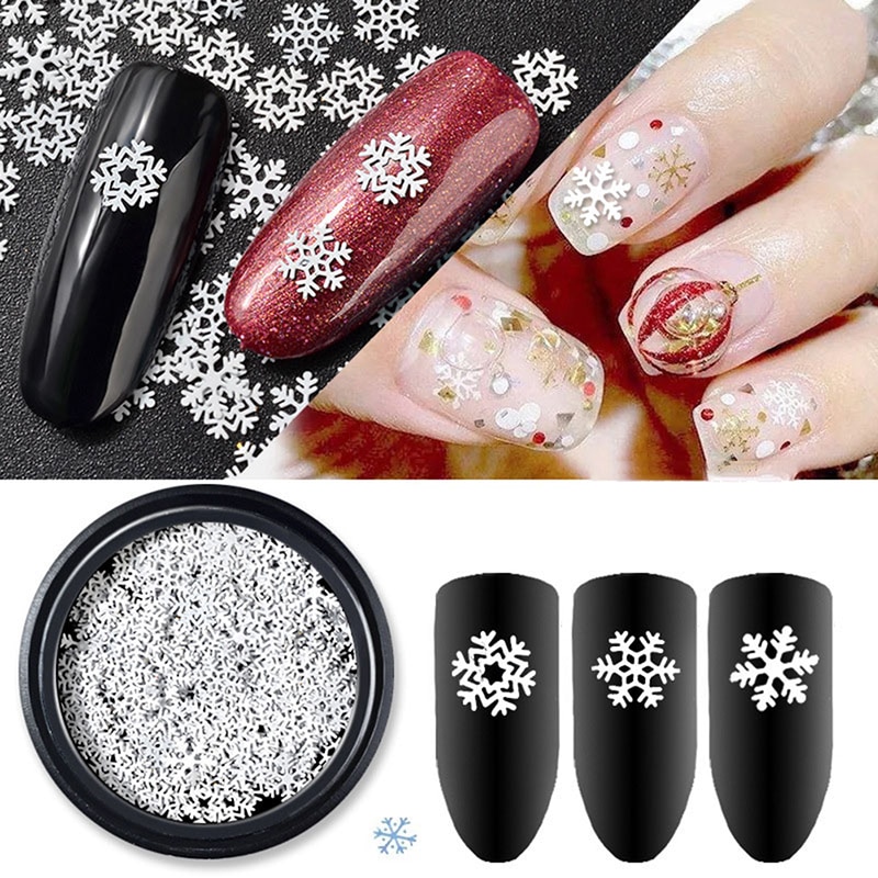 1 doos Ultra-dunne Pailletten Kerst Sneeuwvlok Hollow Wit Sneeuwvlok Decoratie Nail Ornamenten