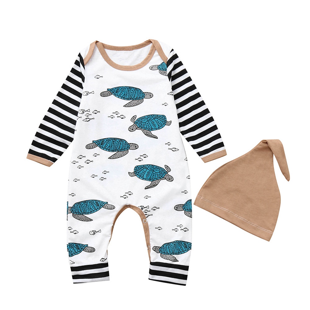 Newborn2018 Baby Baby Jongen Meisje Tortoise Gestreepte Romper Jumpsuit Hoed Kleding Set Schildpad Gedrukt Harnas Jumpsuit