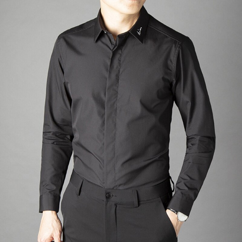 Luksusowa marka koszula męska Solid color Slim Business męskie ubranie koszule eleganckie hafty z długim rękawem koszulka homme Cotton Camisas