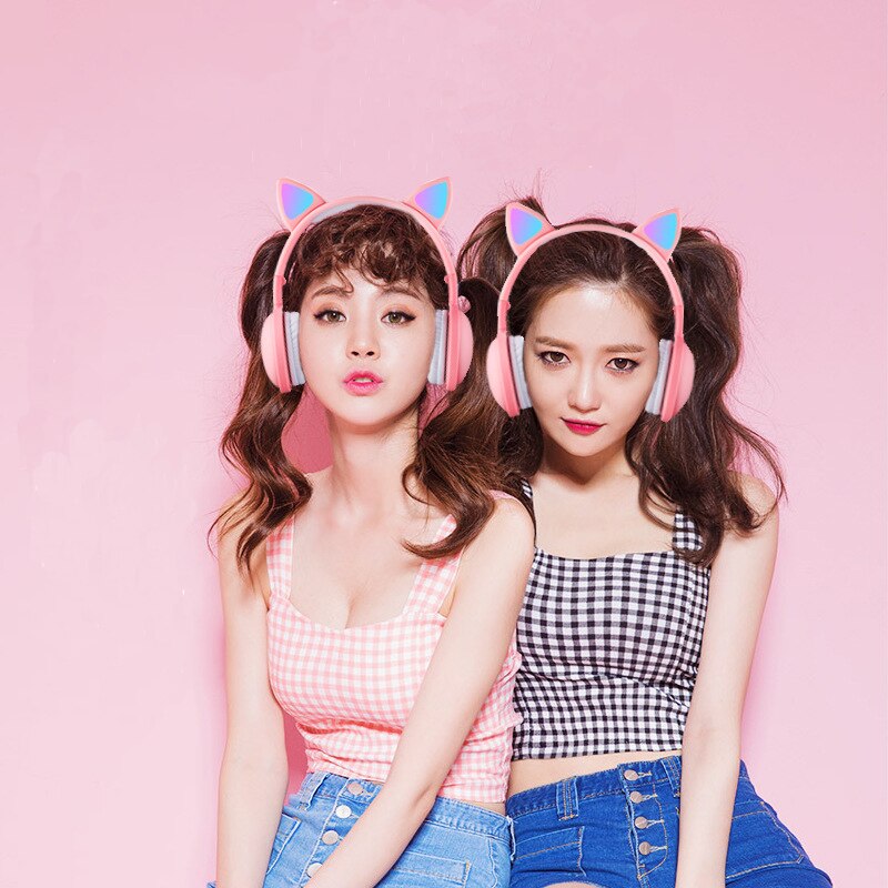 Cat Ear LED Headphones Noise-Cancelling Bluetooth 5.0 Kids Girls and Boys Folding Headset Support TF Card 3.5mm Plug With Mic