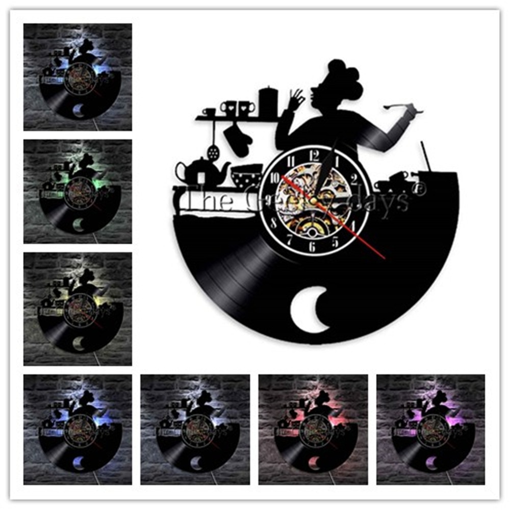 Kitchen Vinyl Record Wall Clock Modern Cooking Room 3D Decoration LED Clock Wall Watch Home Decor for Chef 12 inch