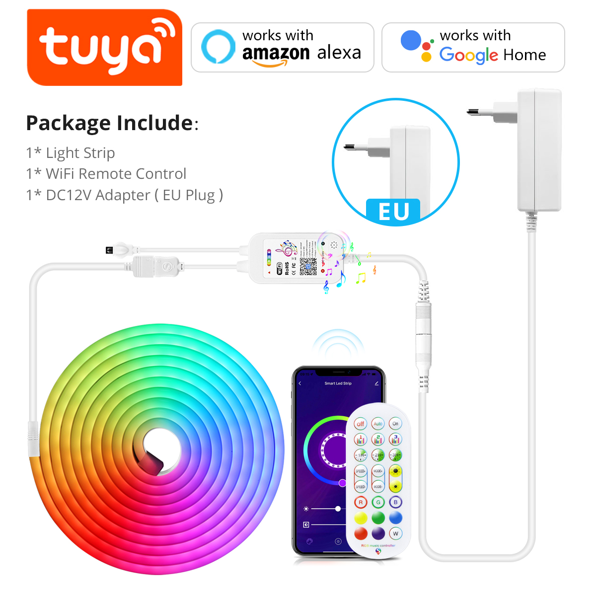 Tuya Smart Life WiFi LED tira de luz de neón 12V tira de LED RGB cinta de letrero de neón decoración Alexa Google Home Gel de sílice con Clips: YELLOW / 5 m