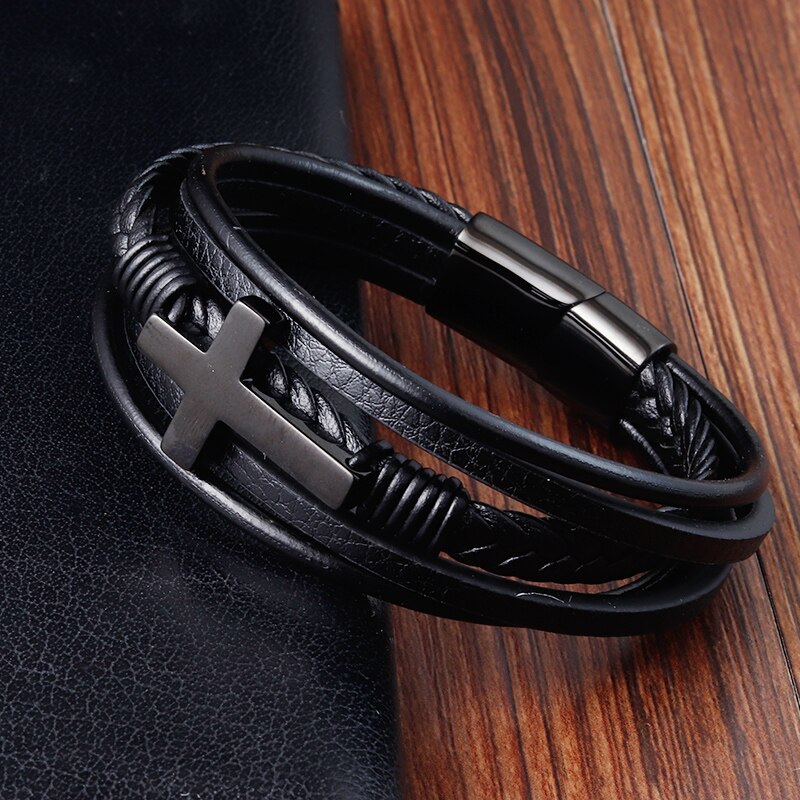 Pulsera de cuero de acero inoxidable para hombre, brazalete clásico con de Cruz Multicolor de lujo, para hombre