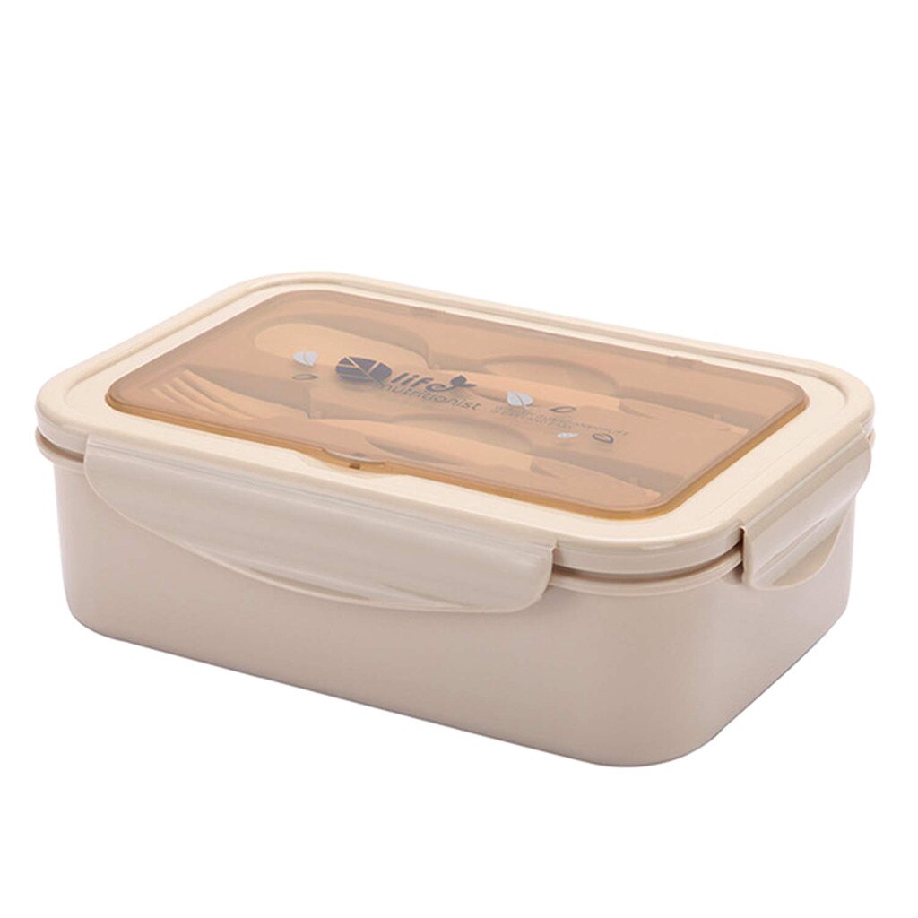Microwave Oven Lunch Box Food Container Student Office Bento Heated Lunchbox Straw Wheat Korean Plastic Box With Cutlery #LR1: khaki