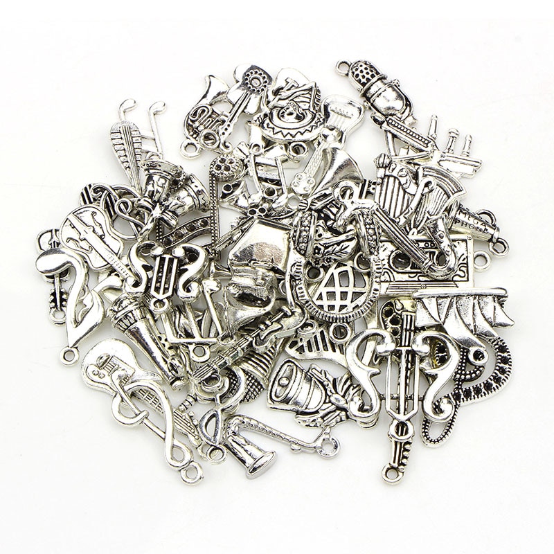 50pcs/lot Mix Musical Charms Vintage Instruments Pendant Microphone Guitar Violin DIY Jewelry Making