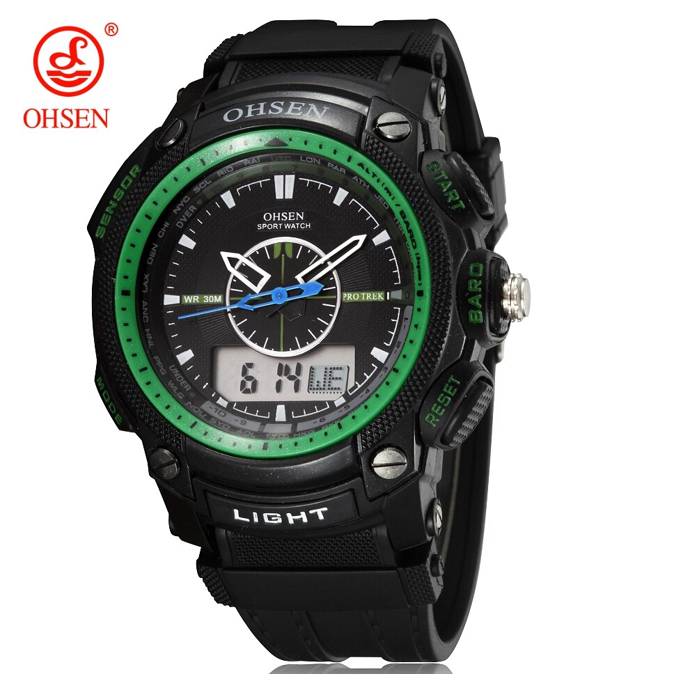 Ohsen Digitale Quartz Heren Mode Horloges Mannelijke Rubber Band Zilver Lcd Waterdichte Sport Cool Horloges Relogio Masculino: Green Watch