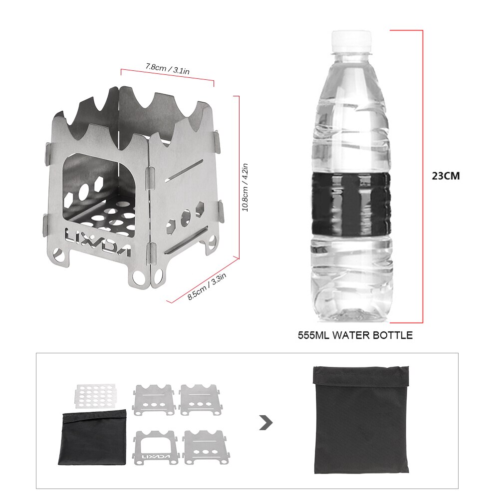 Lixada poêle à bois pliant poêle à alcool Portable pique-nique en plein air cuisinière barbecue brûleurs titane Camping poêle en acier inoxydable avec sac: Type 3-1
