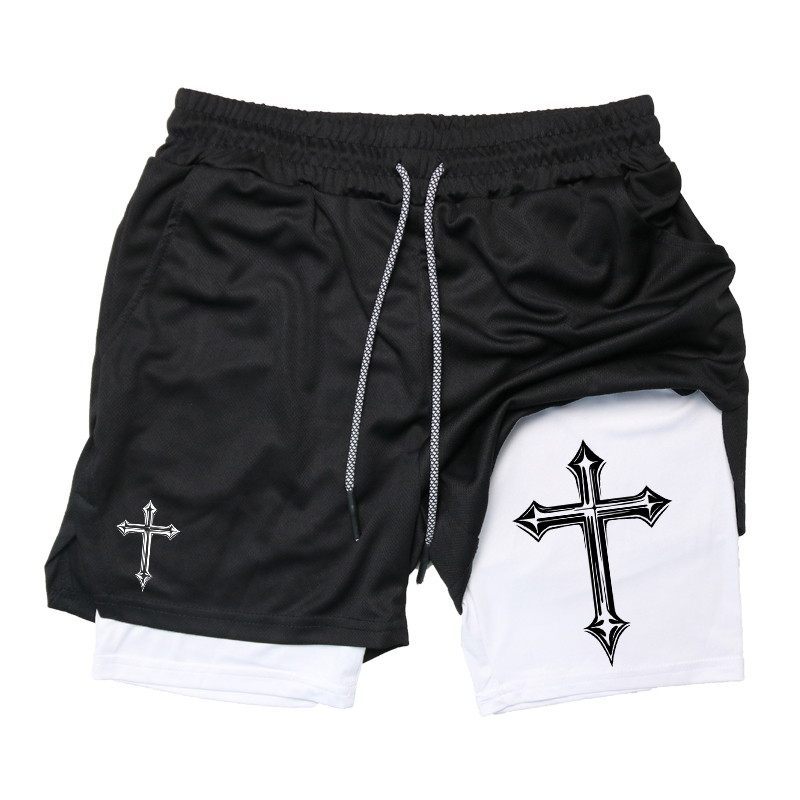 Cross Print 2 in 1 Workout Running Shorts for Men Christian Gym Athletic Shorts with Compression Liner Phone Pocket Towel Loop: L / Beige