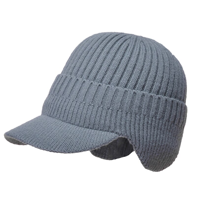 Outdoor Men Winter Knitted Ear Protection Cap Think Wool Beanies Bonnet Snapback Short Brim Hat Cycling Plush Keep Warm Hat: gray