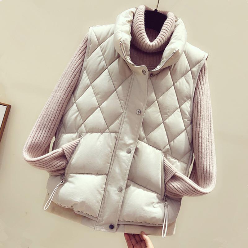 Lusumily høst vinter dunvester dame & #39 ;s løs koreansk stil bomull polstret kort kåpe kvinnelig vest ermeløs jakke: Beige / S