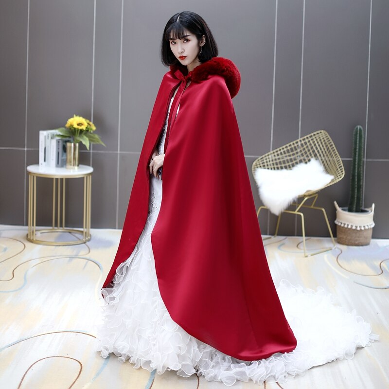 Wine Red Bridal Cloaks Hooded Faux Fur Floor Long Warm Fall Winter Wedding Cape Bride Accessories