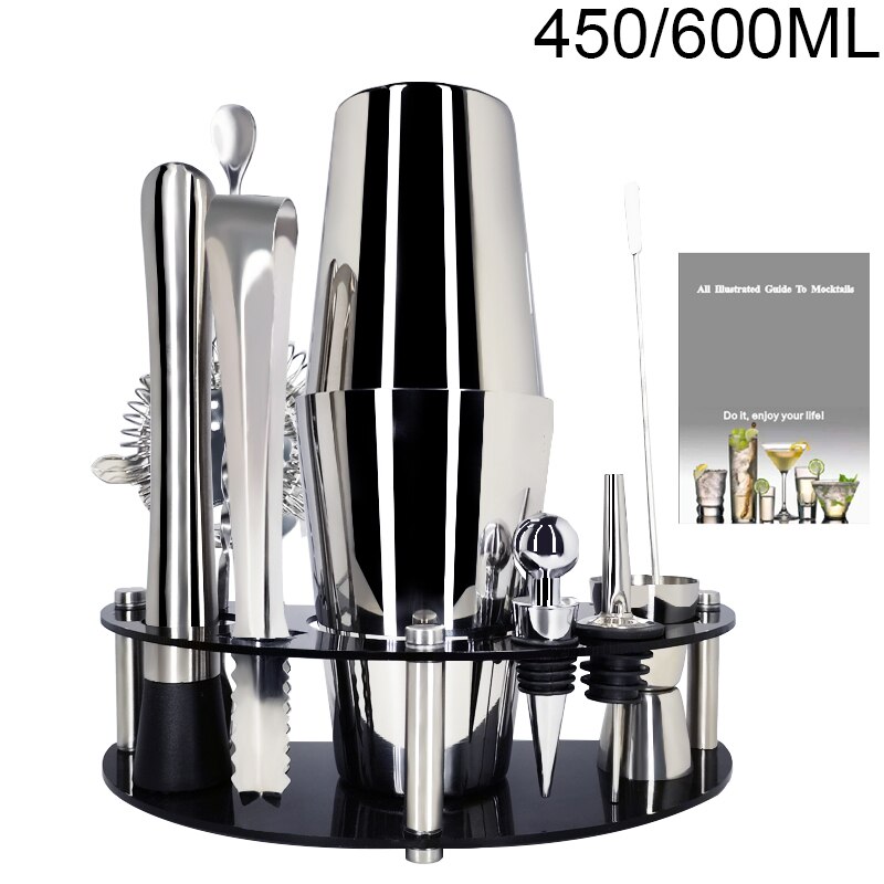 450/600/750ml Stainless Steel Cocktail Shaker Set 1-12 Pieces Barware Kit Martini Shaker with Stand + Drink Recipe: 11Pc 450600ml Rack