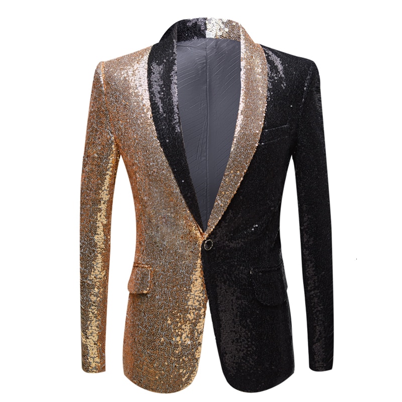 Pyjtrl mænd halve farver guld rød sort pailletter slim fit blazere natklub sangere pailletter jakkesæt jakke sjal revers festtøj: Guld sort farve / Os størrelse  l 42r