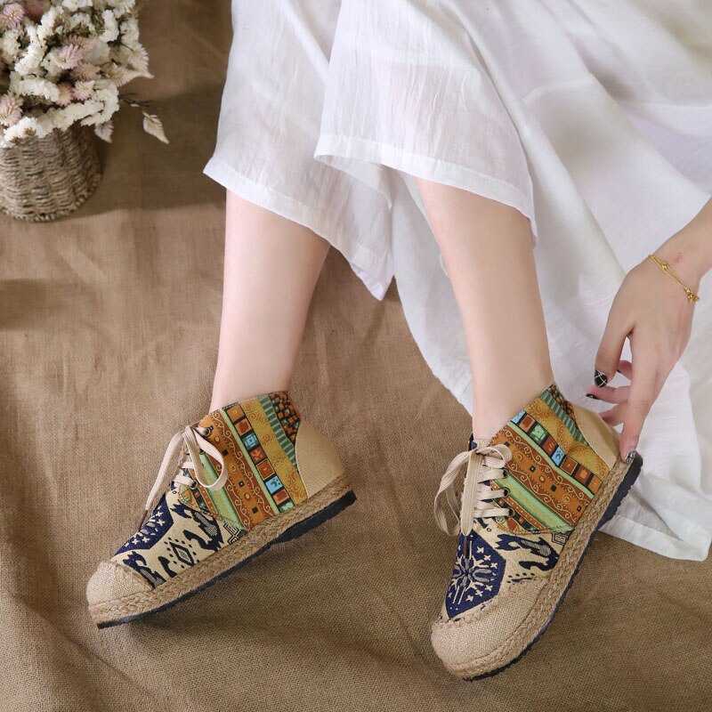 Vrouwen Schoenen Boho Katoen Linnen Canvas Enkele Nationale Geweven Ronde Neus Lace Up Doek Schoenen Vrouw Flats Maat 35-40