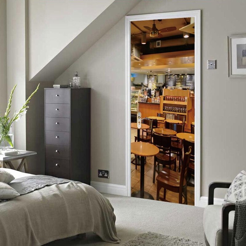 2 Stks/set Koffie Scence Deur Stickers Slef-Zelfklevend Behang Pvc Vinyls Decor Poster Slaapkamer Entree Beknopte Mural Decal 3d