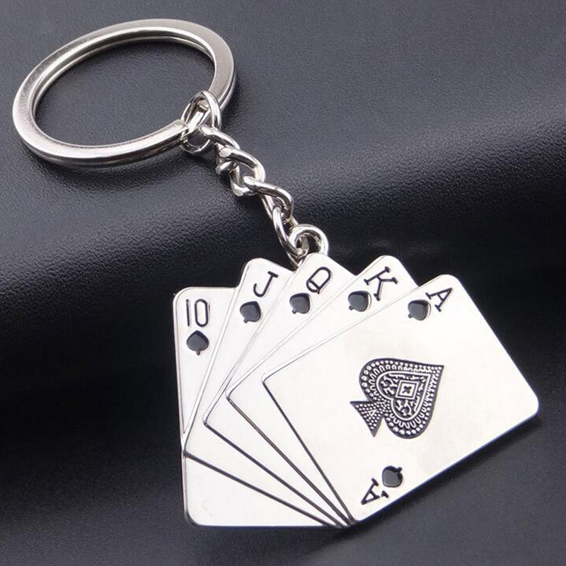 Sleutelhangers Voor Mannen Auto Tas Sleutelhanger Rvs Sieraden Straight Flush Texas Hold&#39;em Poker Speelkaarten Mode