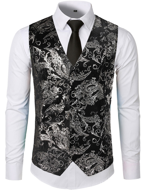 Steampunk Anzug Weste Männer glänzend Bronzing Paisley Blume Chaleco hombre schlank passen Ärmellose Hochzeit Rauchen Kleid Weste Weste Männer: Silber- / USA S