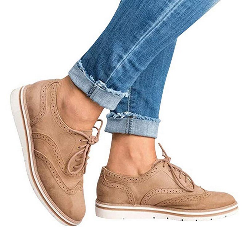 Litthing kvinnor lägenheter skor oxfords cut-outs snörning platå skor pu läder dam halkfria skor andas damskor: Brwon / 39