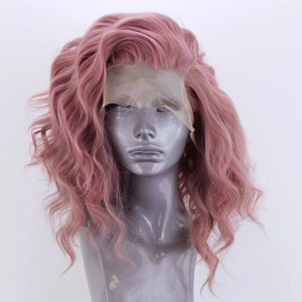 FANXITON Short Wave Pink High Temperature Heat Resistant Synthetic Lace Front Wigs Glueless For Women Wigs: Peach / 16inches