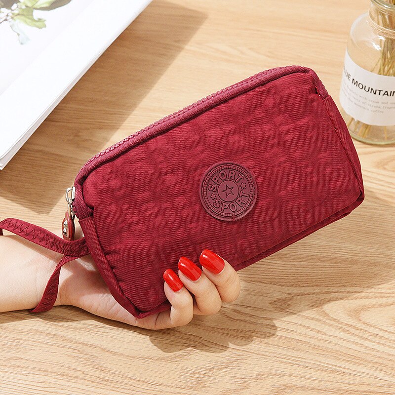 Womens Organizer Wallet Three-Layer Zipper Purse Coin Purse Casual Solid Simple Lady Wrist Strap Card Wallet: Burgundy