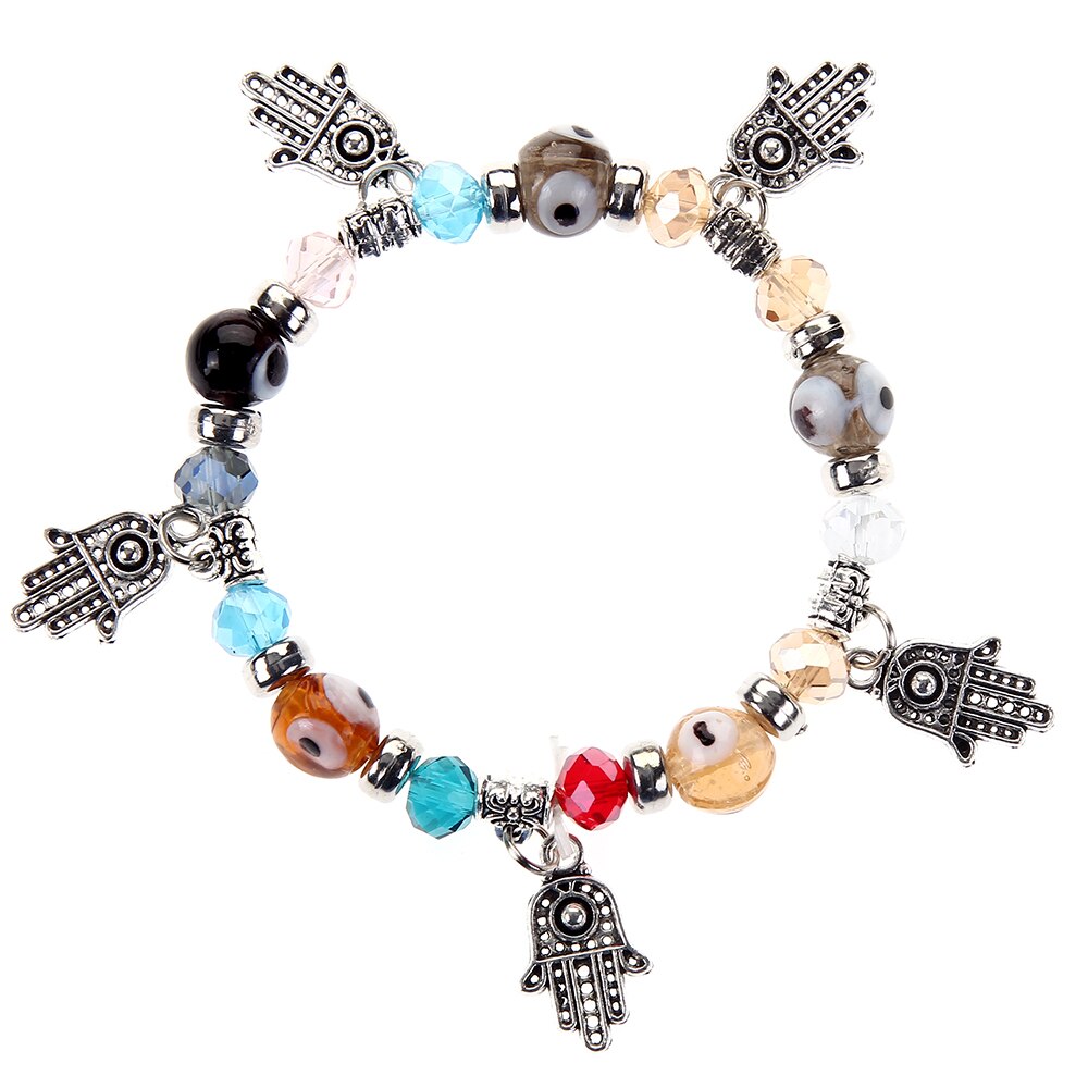 Bracelet élastique mauvais œil turc pour hommes, breloques en cristal, main de Fatima, perlé, réglable, bijoux de Yoga,: A
