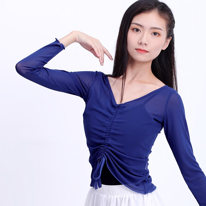 Women Mesh Dance Tops Drawstring Ballet Dance Overall Long Sleeve Adults Teen Girls Dance Tops Transparent Blouse Ballet Outfit