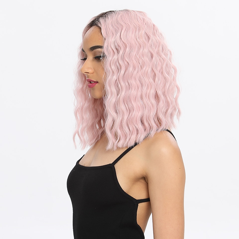 Pelucas sintéticas mágicas de 14 "con flequillo rosa y rojo, resistentes al calor, ondas al agua, para mujeres negras, encaje de estilo africano y americano