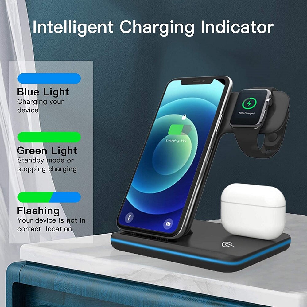 3 In 1 Qi Draadloze Oplader Dock Station 15W Fast Charging Stand Voor Iphone 12 11 Xr Xs X 8 Apple Horloge 2 3 4 5 6 Airpods Pro