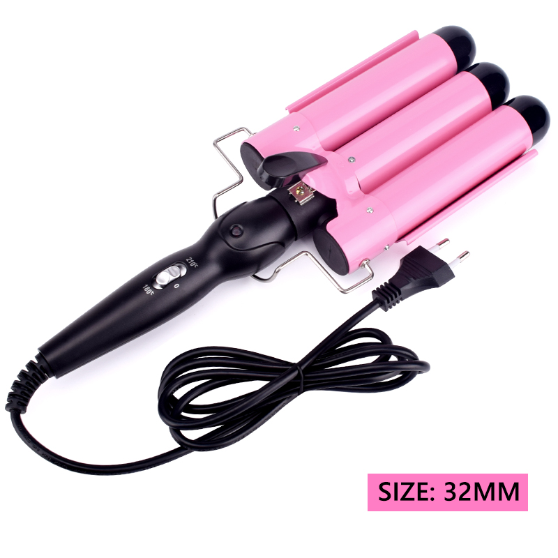 Plancha rizadora de pelo , rizador de pelo de triple barril de cerámica, herramientas de estilismo, ondulador de pelo: Rosa