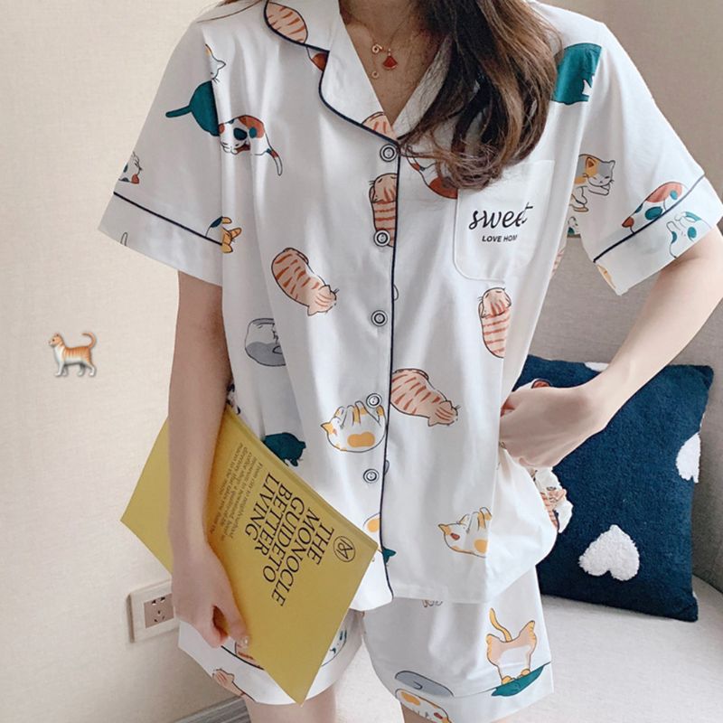 Kvinder sommer bomuld pyjamas sæt kawaii meow kat kortærmet nattøj nattøj  m7dd
