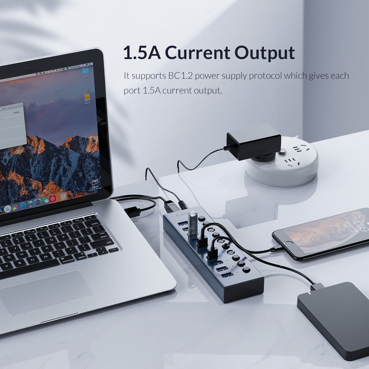 ORICO Aluminiumbetriebener USB3.0-Hub, 7/10 Häfen, USB-Verlängerung mit Schaltern, 12-V-Netzteil, unterstützt BC1.2-Ladesplitter
