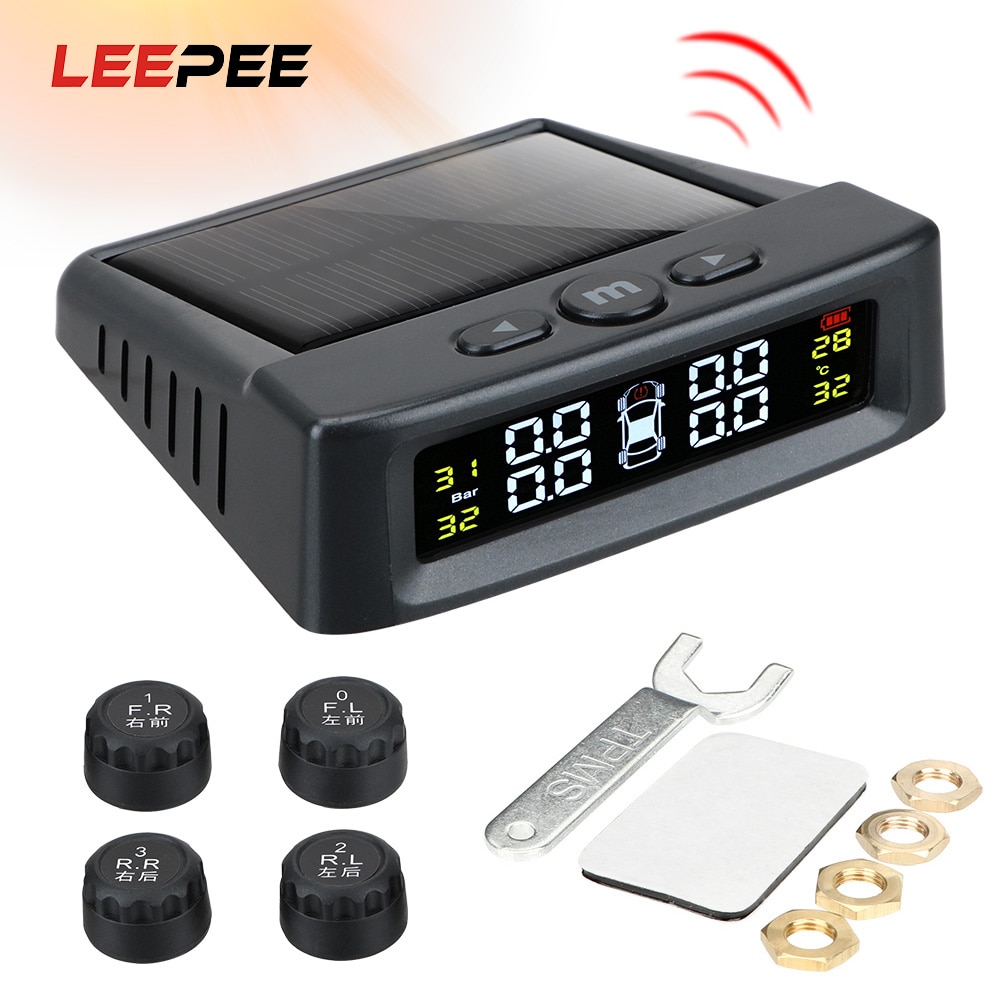 LEEPEE-sistema de supervisión de presión de neumáticos, Monitor de presión de neumático de coche, Sensor Solar externo/interno, TPMS con 4 sensores externos